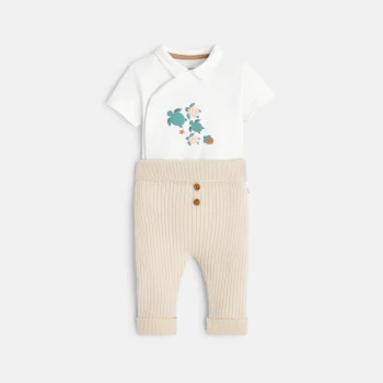 Baby boy's white turtle bodysuit and soft trousers