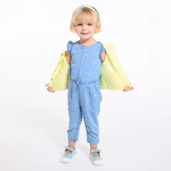 Baby girl's lightweight blue denim jumpsuit with lemons