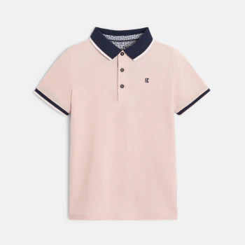 Boy's pink cotton piqué polo shirt with short sleeves