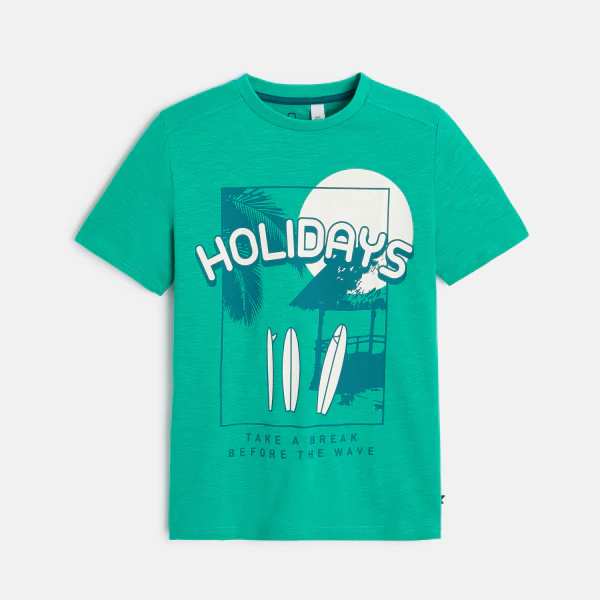 Boy's green holiday motif T-shirt with short sleeves