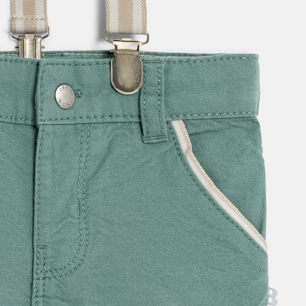 Baby boy's green linen-effect cotton shorts with braces