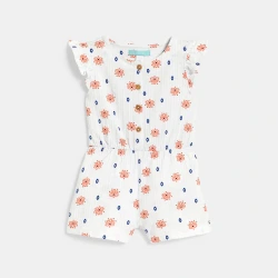 جمبسوت قصيرة من الشاش القطني بطبعة الزهور باللون الأبيض للفتيات الصغيرات