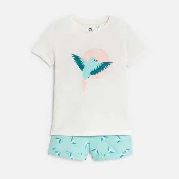 Girl's turquoise bird motif short pyjamas