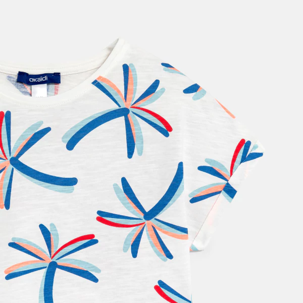 Girl's white palm tree motif T-shirt