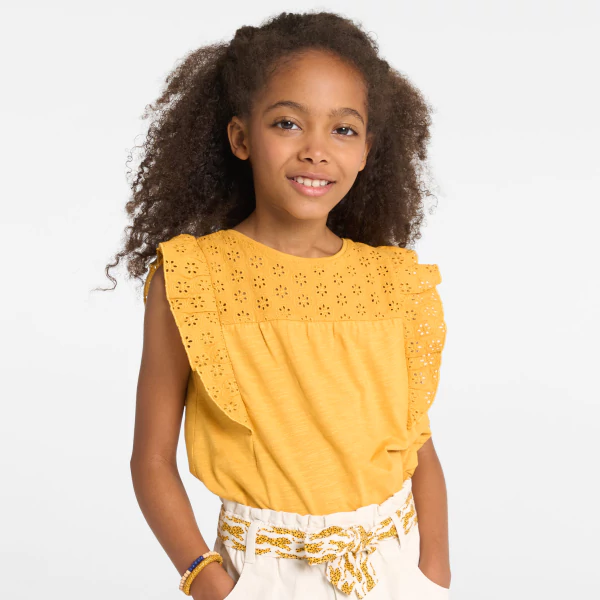 Girls' yellow broderie anglaise T-shirt