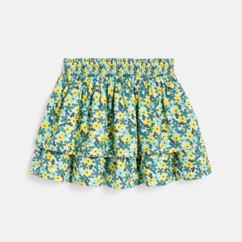 Girl's short green ruffled floral motif skirt