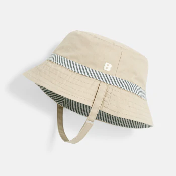 Baby boy's beige plain and striped reversible bucket hat