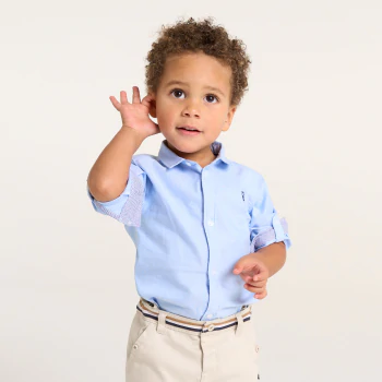 Baby boyu2019s blue cotton roll-up sleeve shirt