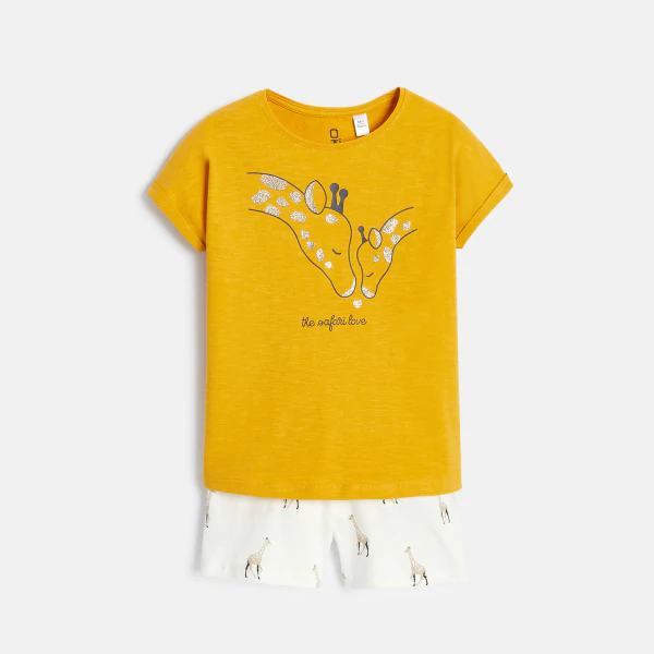 Girl's yellow giraffe motif short pyjamas