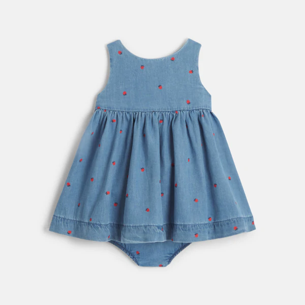 Baby girl's blue denim strawberry wrap dress