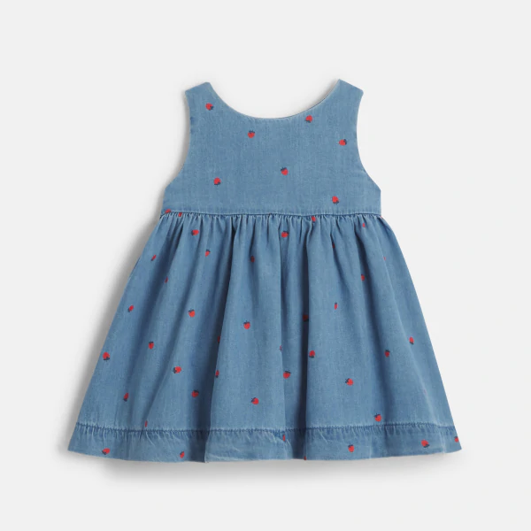 Baby girl's blue denim strawberry wrap dress