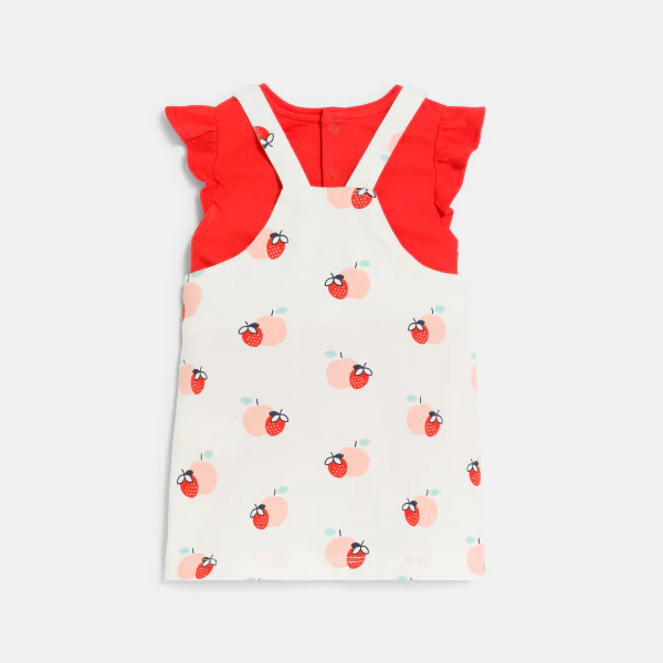 Baby girl's red fruit dungaree dress and T-shirt