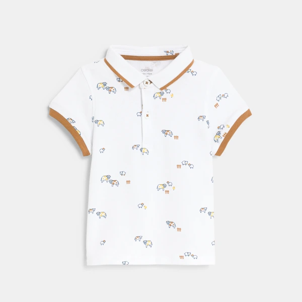 تيشيرت بولو من قطن البيكيه بطبعة حيوانات صغيرة باللون الأبيض للأولاد الصغار تيشيرت بولو من قطن البيكيه بطبعة حيوانات صغيرة باللون الأبيض للأولاد الصغار