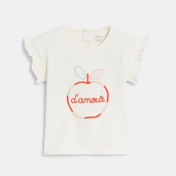 تيشيرت مطرز ومزين بتفاحة الحب باللون الأبيض للفتيات الصغيرات
