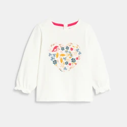 تي شيرت أبيض اللون، مُزيَّن بقلب به زهور، للفتيات الصغيرات