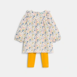 فستان مطبوع برسمة الزهور وكشكشة مع سروال لاغينغ أصفر للفتيات الصغيرات