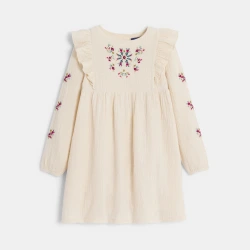 فستان من الشاش القطني باللون الأبيض مائل إلى الأصفر للفتيات.