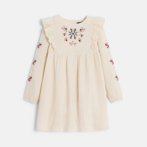 Girl's embroidered dress in ecru cotton gauze