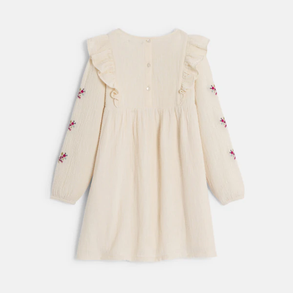 Girl's embroidered dress in ecru cotton gauze
