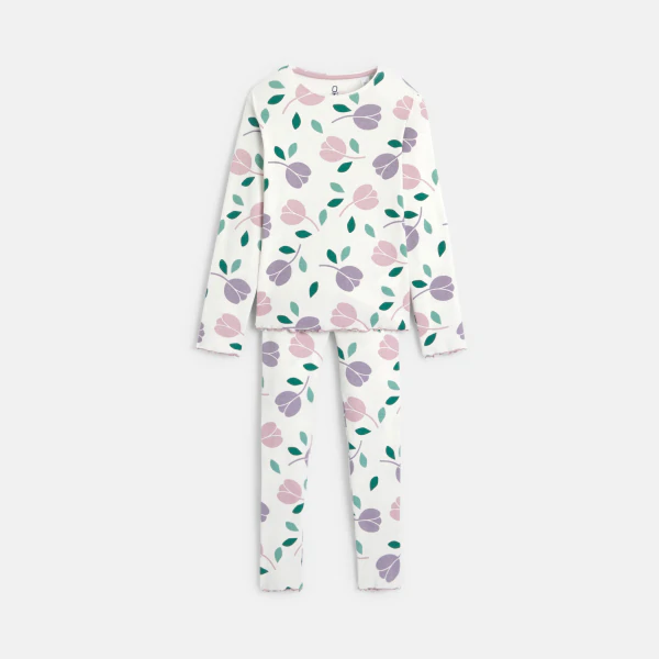 Girl's white tulip motif jersey 2-piece pyjamas