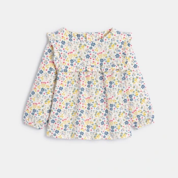 بلوزة أنيقة مكشكشة بطبعة الزهور باللون الرمادي للفتيات الصغيرات