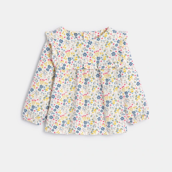 بلوزة أنيقة مكشكشة بطبعة الزهور باللون الرمادي للفتيات الصغيرات