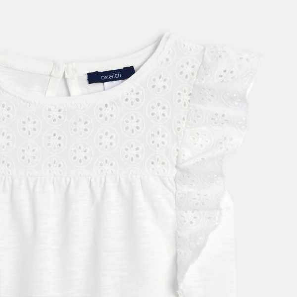 Girls' white broderie anglaise T-shirt