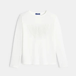 تيشيرت برسمة فراشة بأكمام طويلة باللون الأبيض، للفتيات