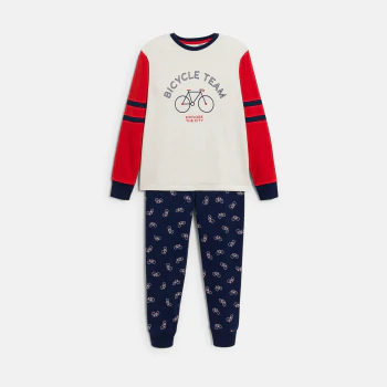 Boy's three-colour 2-piece jersey pyjamas with bicycle motif
