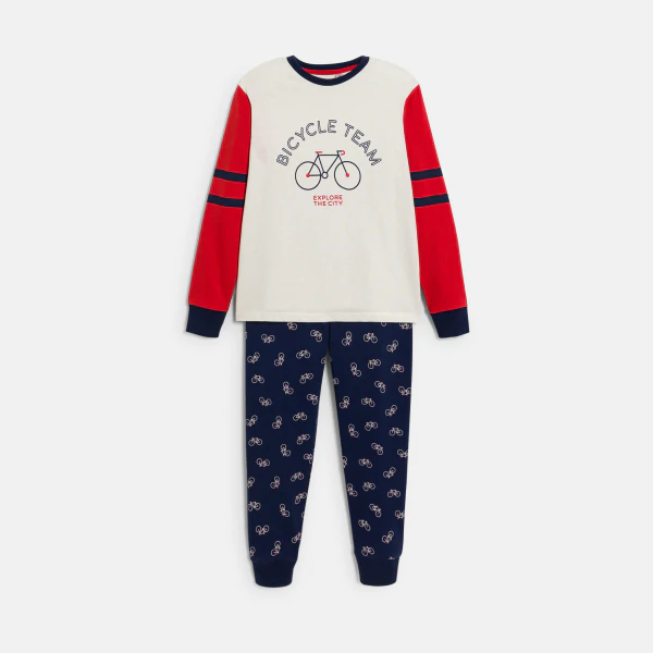Boy's three-colour 2-piece jersey pyjamas with bicycle motif