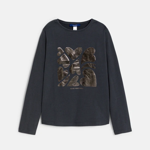 Girl's sparkly anthracite grey T-shirt with motif