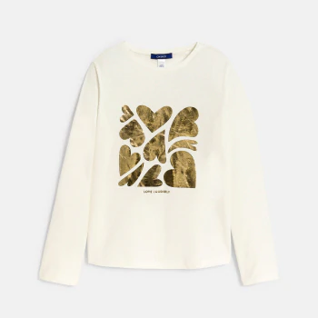 Girl's sparkly ecru T-shirt with motif