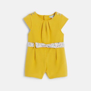 Baby girl's yellow textured playsuit with floral belt