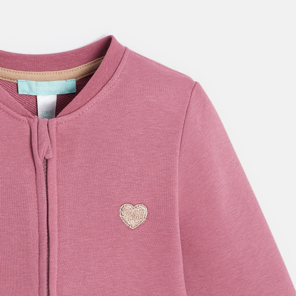 Baby girl's pink heart patch fleece zip-up sweatshirt