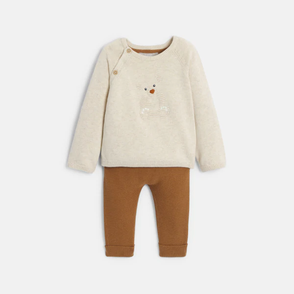 Baby boy's brown knitted bear jumper and trousers