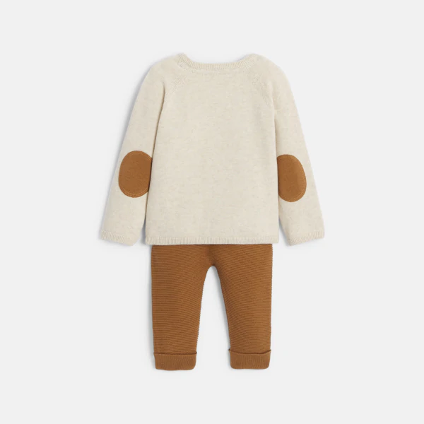Baby boy's brown knitted bear jumper and trousers