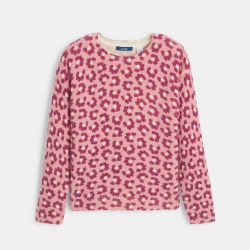 بلوفر منسوج برسمة جلد الفهد للفتيات باللون الوردي
