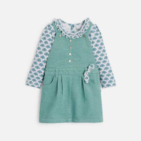 Baby girl's blue velvet dungaree dress and T-shirt