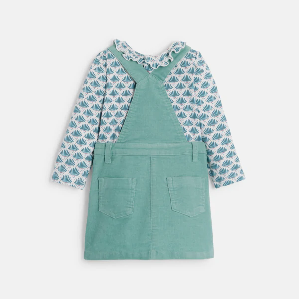 Baby girl's blue velvet dungaree dress and T-shirt