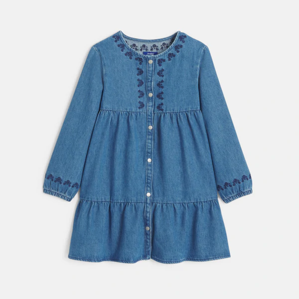 Girl's blue embroidered denim dress