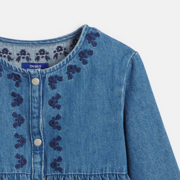 Girl's blue embroidered denim dress