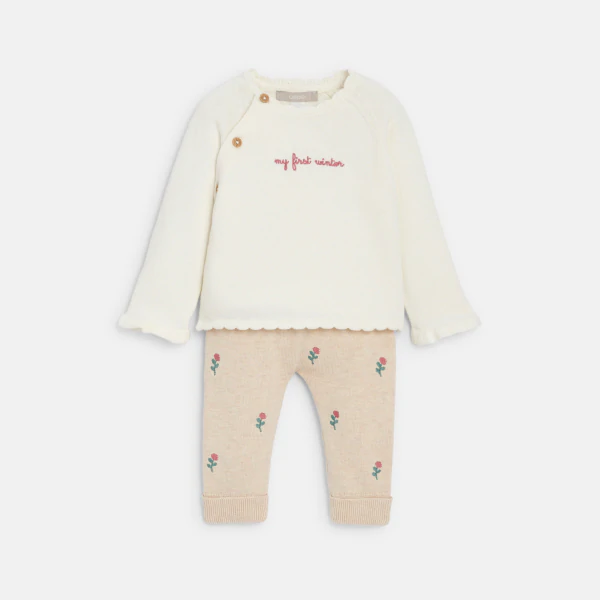 Baby girl's pink knitted and embroidered jumper and trousers