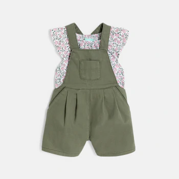 Baby girl's khaki short overalls and peacock blouse