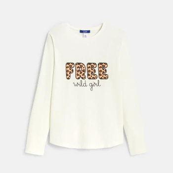 Girl's ecru leopard print slogan T-shirt
