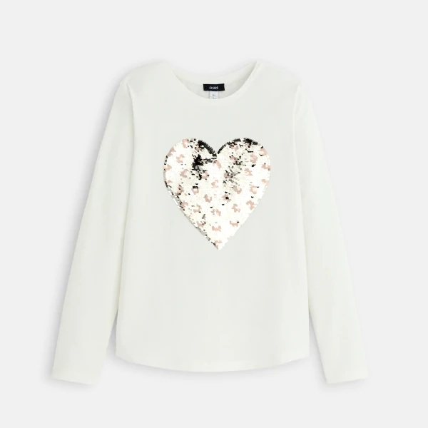Girl's white heart T-shirt with magic sequins