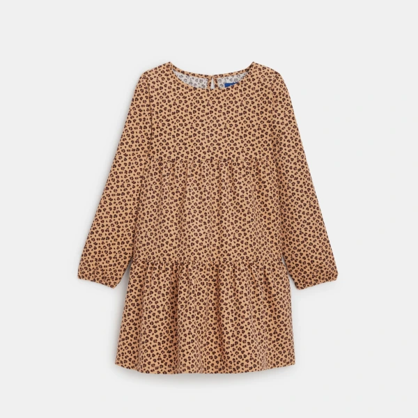 فستان من الثوب المخملي مزين برسمة فهد، باللون البني للفتيات فستان من الثوب المخملي مزين برسمة فهد، باللون البني للفتيات