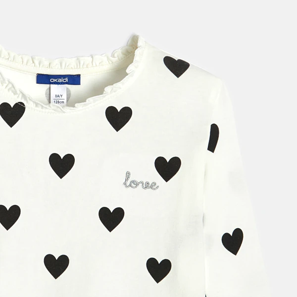 Girl's white heart motif T-shirt