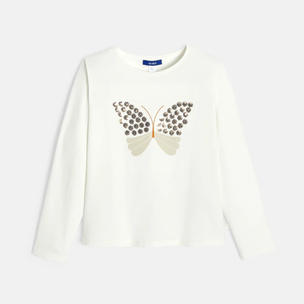 Girl's white butterfly sequin T-shirt