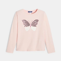تيشيرت مزين بفراشة مطرزة بالترتر باللون الوردي للفتيات الصغيرات