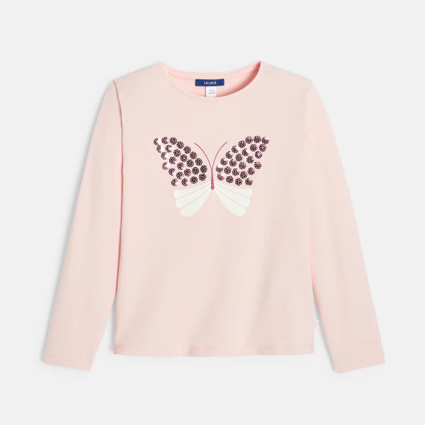 Girl's pastel pink butterfly sequin T-shirt